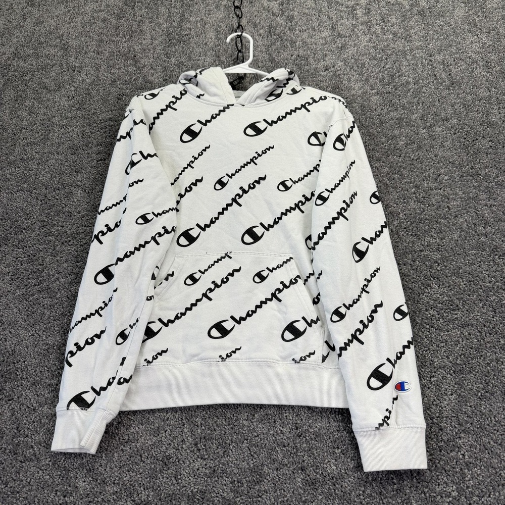 Champion Hoodie Kids XL White Fleece Pullover All Over Logo Graphic Print